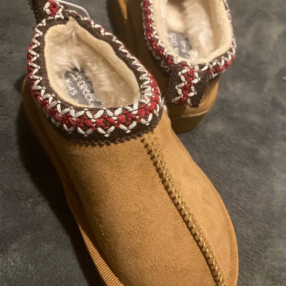 Tan Suede Slip-On Moccasin Slippers with Red & White Trim - Picture 1 of 5